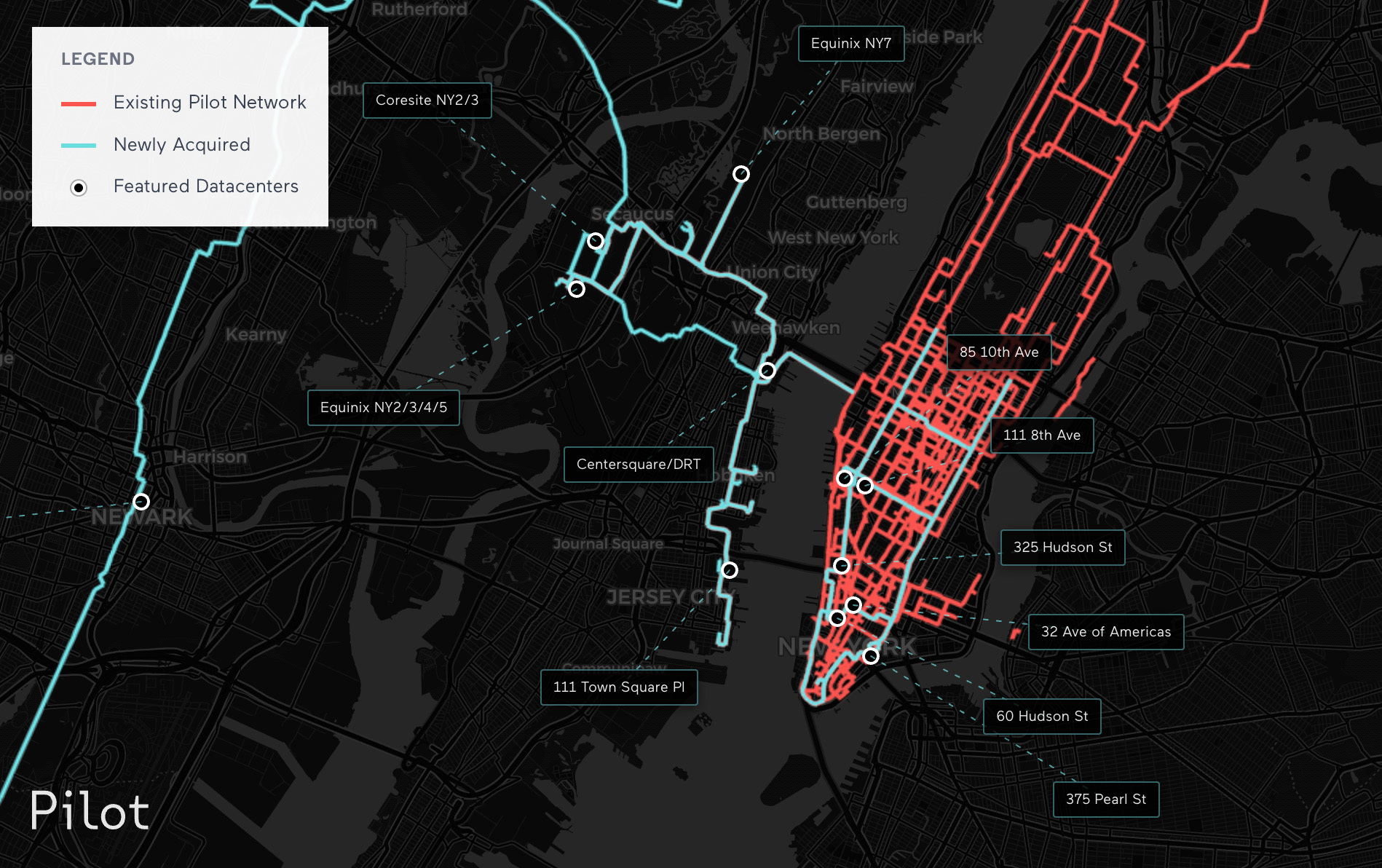 Map showing Pilot Fiber's existing network in Manhattan (red) and the newly acquired Extenet network extending into New Jersey (teal), with featured datacenters marked